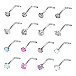 16pcs/lot CZ Surgical Steel Nose Rings L Shaped Stud Body Piercing Jewelry 20G - Picture 1 of 17