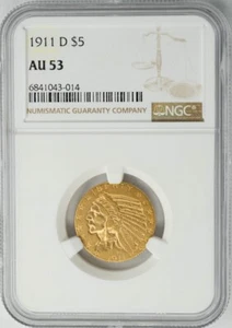 1911-D $5 Gold Indian AU53 NGC 949991-7 - Imagen 1 de 4