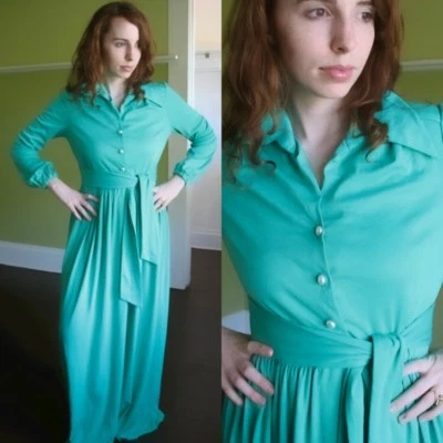 Vestido de Colección Años 60 70 Mod Hippie Disco Largo Fluido Drapeado Vestido de Anfitriona Verde Ayres Foto 1 de 4