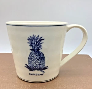 Anthropologie Pineapple Molly Hatch Mug “Welcome” Ceramic Blue/White, 4” - Picture 1 of 4