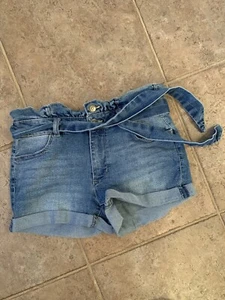 Blue Spice Medium Wash Denim Paper Bag Jean Shorts Juniors 1 Tie Waist High Rise - Picture 1 of 7
