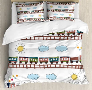 Boy's Duvet Cover Set with Pillow Shams Cartoon Train Tracklines Print - Picture 1 of 8