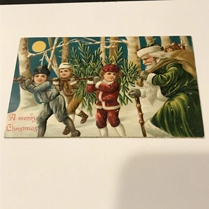 Antike Weihnachtskarte Weihnachtsmann um 1900 grün Vollmond Kinder Baum Weihnachten - Bild 1 von 3