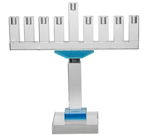 Moderne klare Kristall Menora mit blau Größe: 13" lang x 3,7" tief x 13" hoch - Bild 1 von 1