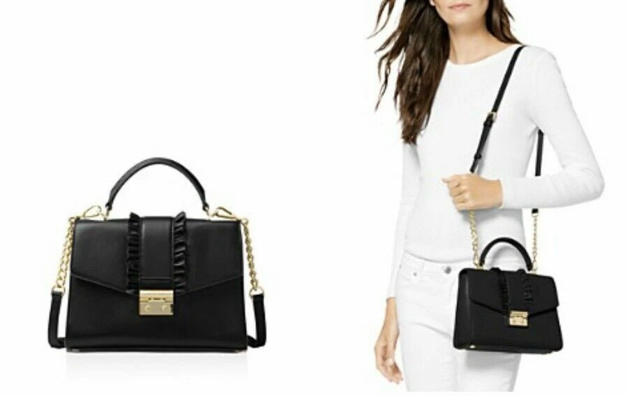 Nuevo en Paquete Cartera Michael Kors Sloan Volantes Asa Superior Mediana Negra/Dorada Foto 1 de 4