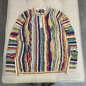 Coogi Sweater L Multicolor Cable Knit 3d 90s Australia 1/4 Zip Cotton - Picture 1 of 7