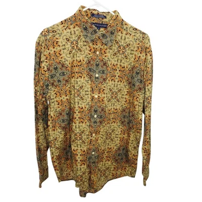 Camisa masculina Tommy Hilfiger marrom e laranja estampa paisley botão frontal tamanho G  - Imagem 1 de 4