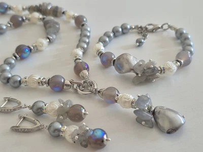 Labradorite and Grey Pearls Necklace,  Bracelet And Earrings Jewellery Set - Image 1 of 4