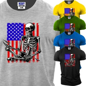 Lustiges kurzärmliges Herren-T-Shirt Skelett Totenkopf amerikanische Flagge USA neu Geschenk Shirt - Bild 1 von 12
