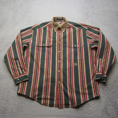 Camisa Tommy Hilfiger De Colección Para Hombres L Verde Rojo Rayas Pana Cuello Cresta Logo Foto 1 de 4