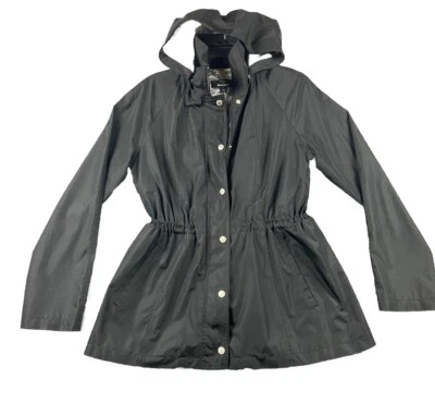 DENNIS BASSO Lightweight Hooded Rain Jacket Women’s Small Black Gathered Career - Image 1 of 4