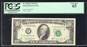 FR 2029-F 1990 $10 FRN FEDERAL RESERVE NOTE ATLANTA, GA PCGS GEM UNCIRCULATED-65 - Picture 1 of 2