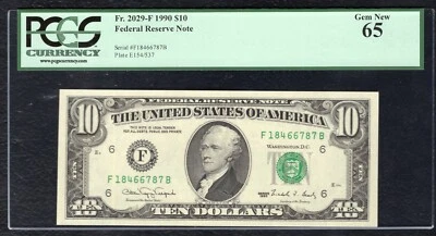 FR 2029-F 1990 $10 FRN FEDERAL RESERVE NOTE ATLANTA, GA PCGS GEM UNCIRCULATED-65 - Image 1 of 2
