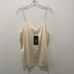 VIDUSSA Women NWT Tank Top V Neck Camisole Sleeveless Blouse Beige Satin Sz L - Picture 1 of 7