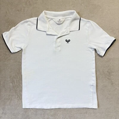 H&M Polo Shirt Youth Size 9-10 White Embroidered Rackets Short-Sleeve Tennis - Image 1 of 4