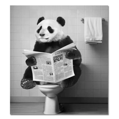 Funny Panda on toilet reading newspaper restroom humor canvas poster wall art - Image 1 of 2