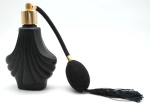 1980s Black Satin Glass Art Deco Shell Style Perfume Bottle With Atomizer - Picture 1 of 7