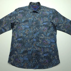 Ted Baker Mens Shirt Large Blue Floral Herringbone Casual French Cuff Sleeve L - Picture 1 of 24