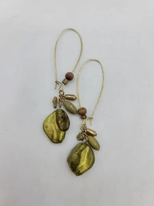 Pendientes colgantes Boho verde concha gota larga tono dorado cuentas de madera artesanales años 90 de colección - Imagen 1 de 10