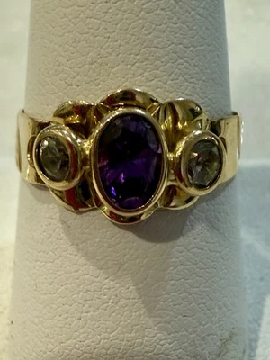 Antigo? Anel de ouro maciço 18k com ametista e quartzo tamanho 9 - Imagem 1 de 4