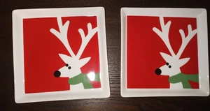 (2) Crate & Barrel Reindeer Appetizer Dessert Plates 5.75" Square Christmas (81A - Picture 1 of 4