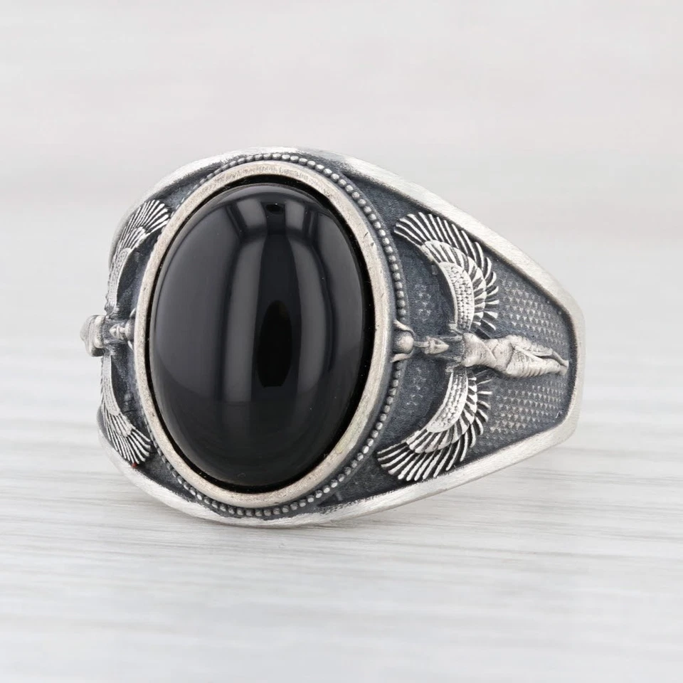 Onyx Sterling Silver Ring Size 12.5 Winged Figure Tribal Egyptian Goddess - Image 1 of 4