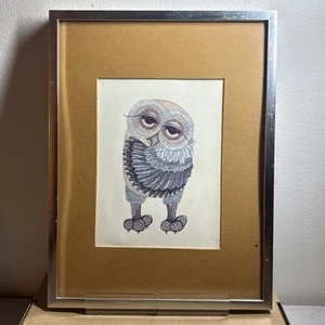 Vintage Glenn Heath Blue Eye Hoot Owl Print Bird Art Framed Matte 1970s 12.5x9.5 - Picture 1 of 6