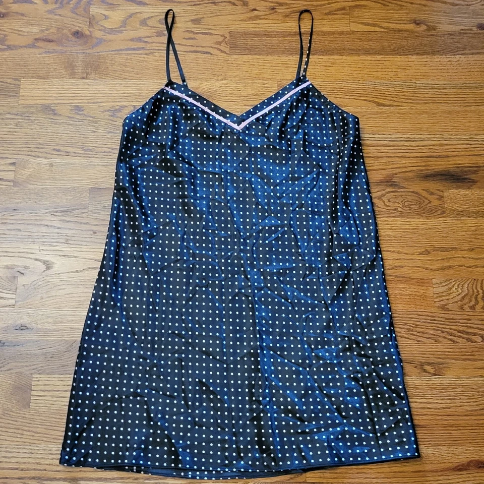 Morgan Taylor Slip Chemise Nightgown Womens L Black & White Polka Dot Pink Trim - Image 1 of 4