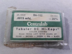 Centralab Tubular BC Hi-Kaps D6-152 600v .0015 Mfd - Picture 1 of 2