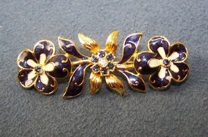 Joan Rivers Signed Navy Blue Flowers Brooch Pin with Swarovski Crystal & Enamel  - Picture 1 of 4