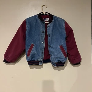 Vintage Northcrest Girls 10-12 Denim Maroon Bomber Varsity Button Jacket - Picture 1 of 12