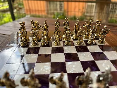 Pearl Chessbox w Handmade Chess Set - Metal Chess Pieces - Purple Chess Board - Image 1 of 4