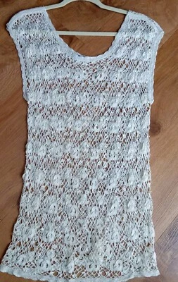 TOP- DRESS SLEEVELESS Hand CROCHET CREAM Lace Bohemian Summer Dress Beach  - Image 1 of 4