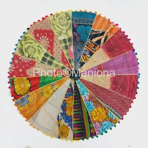 Kantha Roundies/Patchwork Pom-Pom Roundies Yoga MatWall hanging Decorative Round - Picture 1 of 5
