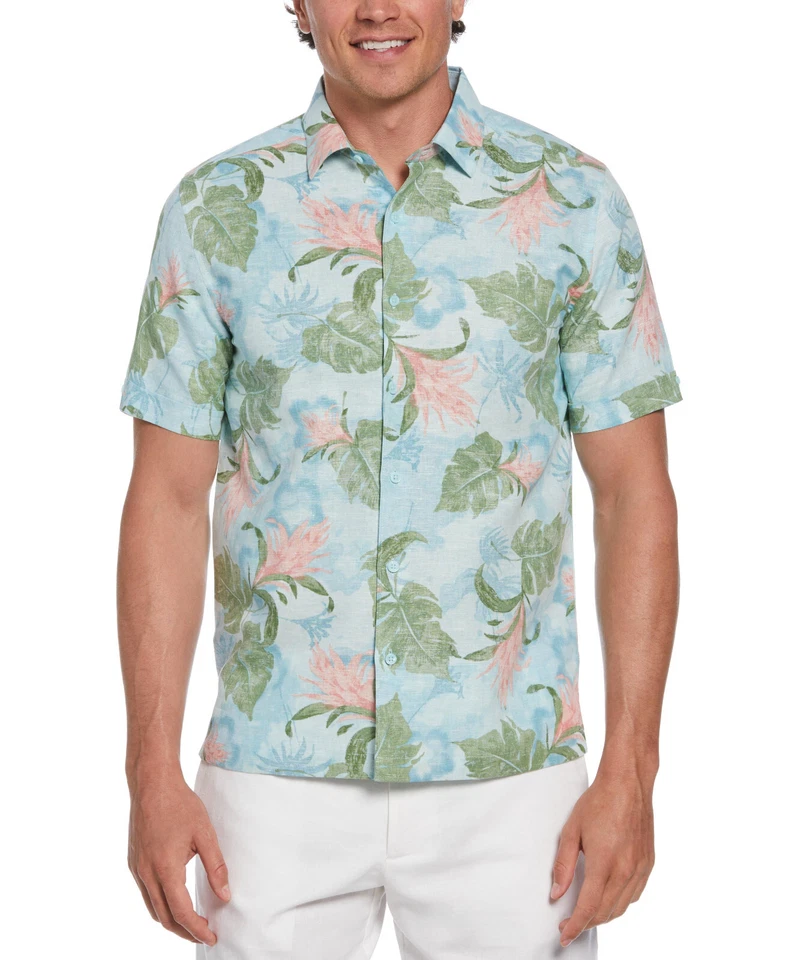 Cubavera Men's Linen Blend Tropical Floral Print Shirt Aqua Esque Large