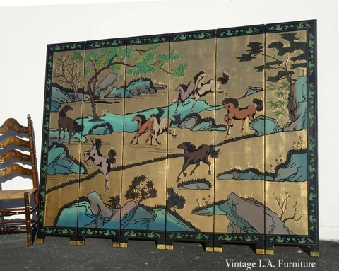 Vintage Chinese Japanese Gold Leaf Lacquer Six Panel Coromandel Screen w Horses Cover