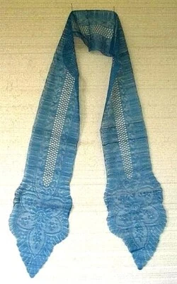 Синий шелковый кружевной лаппет - эдвардианский abt 1910 необычный 42 дюйма - Изображение 1 из 4