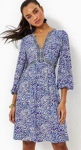 Lilly Pulitzer Wexlee 3/4 Ärmel Resort weiß blau V-Ausschnitt Strick Knie Kleid Gr 8 - Bild 1 von 7