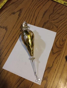 9 In Blown Glass Ornament. Clear With Gold tone Glitter. - Picture 1 of 12