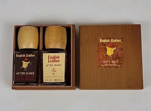 Dopobarba inglese vintage anni 80 in pelle NOS mai usata set regalo in scatola di legno - Foto 1 di 11