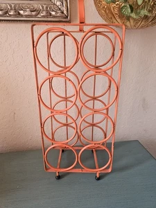 Vintage MidCentury Orange Enamel Wrought Iron Wine Rack, 8 Bottles-Very Good - Picture 1 of 11