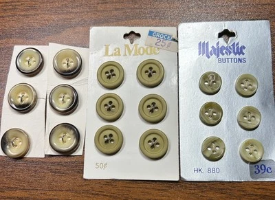 La Mode and Majestic Buttons on cards  yellow 18 size 7 /16 to 1/2 in on 3 cards - Image 1 of 4