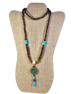 Unisex Long Wooden Boho  Mosaic Amulet  Beaded Necklace Ethnic Handmade  NEW - Image 1 of 4