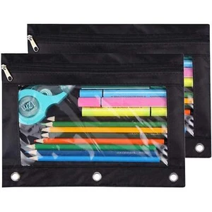 Pencil Pouch 3 Ring, Zipper Pencil Pouches Case Binder Cosmetic Bag Black 2 Pack - Picture 1 of 7