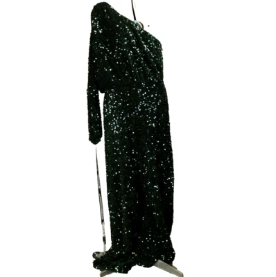 PrettyLittleThing Velvet Sequin One Shoulder Wide Leg Jumpsuit Emerald Green 12 - Image 1 of 4