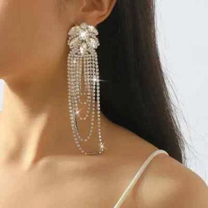 Womens Silver Long Drop Bling Diamante Earrings Crystal Rhinestone Jewellery - Picture 1 of 6