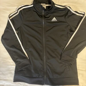 Adidas Jacket Youth Large L 14/16 Track Jacket Black w White 3-Stripe Full Zip - Picture 1 of 11