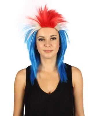 Iceland Flag Sport 80's Mullet Wig | National Pride Red White Blue Wig, HW-2973A - Image 1 of 4