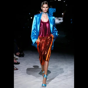 Tom Ford NWT  Runway Coral Liquid Sequins Orange Stripe Harem Pants  S4 - Picture 1 of 4