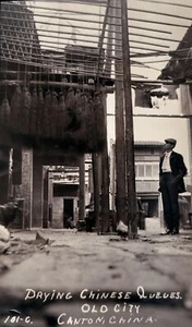 VINTAGE PHOTO; DRYING CHINESE QUEVES;OLD CITY CANTON, CHINA;CIRCA 1912 - Picture 1 of 1